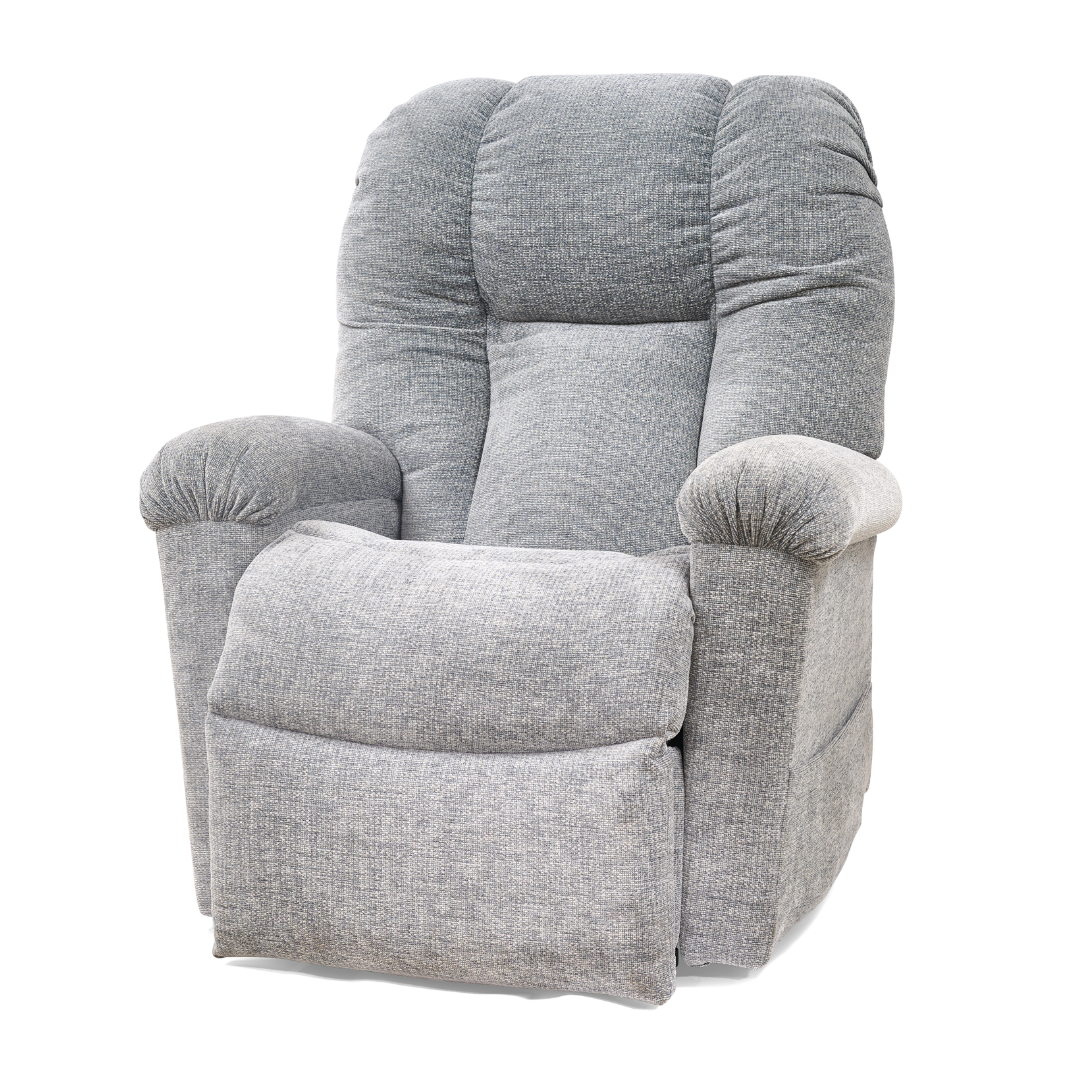 The Golden Tech PR527 Cloud Recliner With Lift Assist & Twilight is a plush, light gray memory foam chair with padded armrests and an extended footrest, shown against a white background.